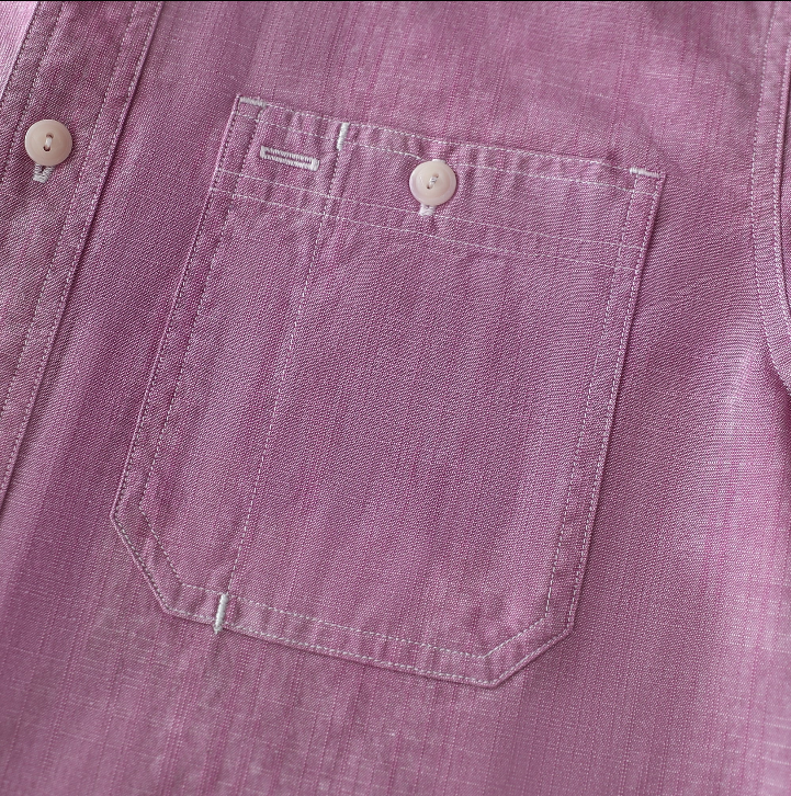 Montaro® Camisa de Trabajo de Chambray Rosa Oscuro para Hombre, Manga Larga, Cierre Frontal con Botones y Bolsillo de Algodón