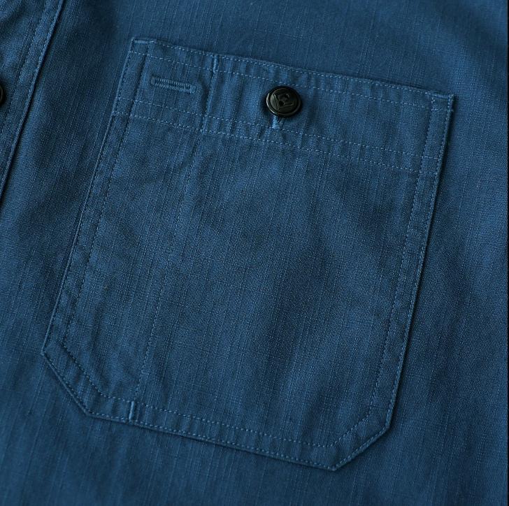 Montaro® Camisa de Trabajo de Chambray Azul Marino para Hombre, Manga Larga, Cierre Frontal con Botones y Bolsillo de Algodón