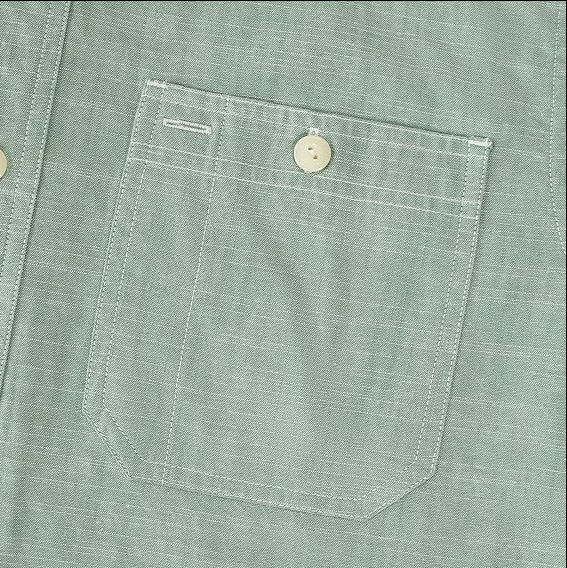 Montaro® Camisa de Trabajo de Chambray Verde Claro para Hombre, Manga Larga, Cierre Frontal con Botones y Bolsillo de Algodón.