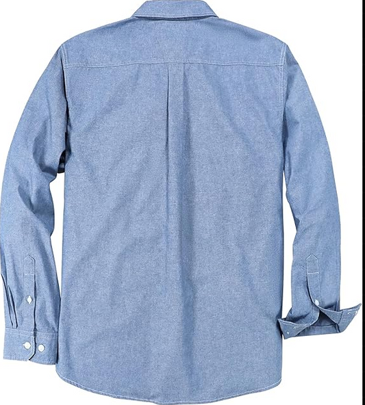 Montaro® Camisa de Hombre Chambray Azul Claro, Manga Larga, Cierre Frontal con Botones, Bolsillo, Algodón Workshirt.