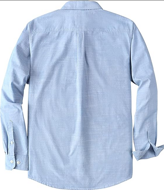 Montaro® Camisa de Hombre Chambray Azul Cielo, Manga Larga, Cierre Frontal con Botones, Bolsillo, Algodón Workshirt.