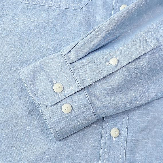 Montaro® Camisa de Hombre Chambray Azul Cielo, Manga Larga, Cierre Frontal con Botones, Bolsillo, Algodón Workshirt.