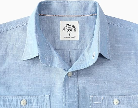 Montaro® Camisa de Hombre Chambray Azul Cielo, Manga Larga, Cierre Frontal con Botones, Bolsillo, Algodón Workshirt.