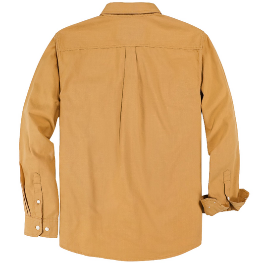 Montaro® Camisa de Hombre Chambray Naranja Hoja, Manga Larga, Cierre Frontal con Botones, Bolsillo, Algodón Workshirt.