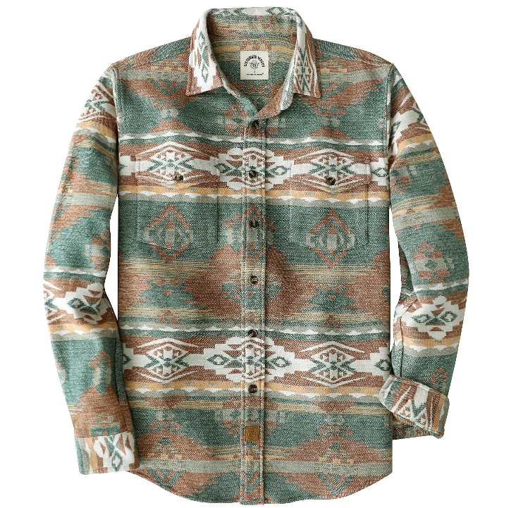 Montaro® Camisa de Hombre Ultra Pesada 10 oz, Estilo Azteca Naranja y Verde, Manga Larga, Botones, 100% Algodón, Franela Suave, Casual Cowboy y Utility.