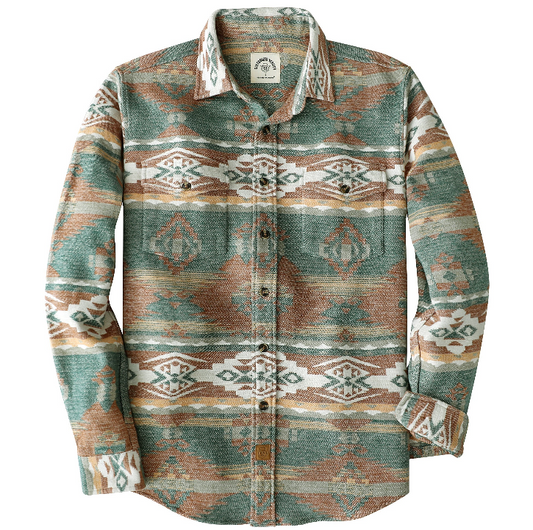 Montaro® Camisa de Hombre Ultra Pesada 10 oz, Estilo Azteca Naranja y Verde, Manga Larga, Botones, 100% Algodón, Franela Suave, Casual Cowboy y Utility.