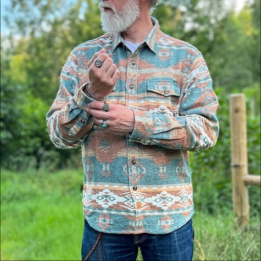 Montaro® Camisa de Hombre Ultra Pesada 10 oz, Estilo Azteca Naranja y Verde, Manga Larga, Botones, 100% Algodón, Franela Suave, Casual Cowboy y Utility.