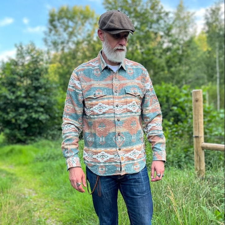 Montaro® Camisa de Hombre Ultra Pesada 10 oz, Estilo Azteca Naranja y Verde, Manga Larga, Botones, 100% Algodón, Franela Suave, Casual Cowboy y Utility.