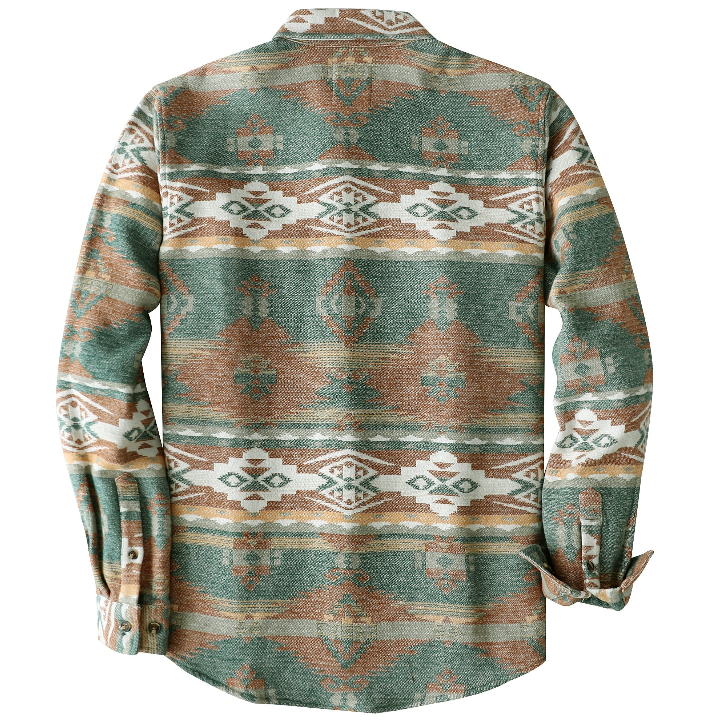 Montaro® Camisa de Hombre Ultra Pesada 10 oz, Estilo Azteca Naranja y Verde, Manga Larga, Botones, 100% Algodón, Franela Suave, Casual Cowboy y Utility.