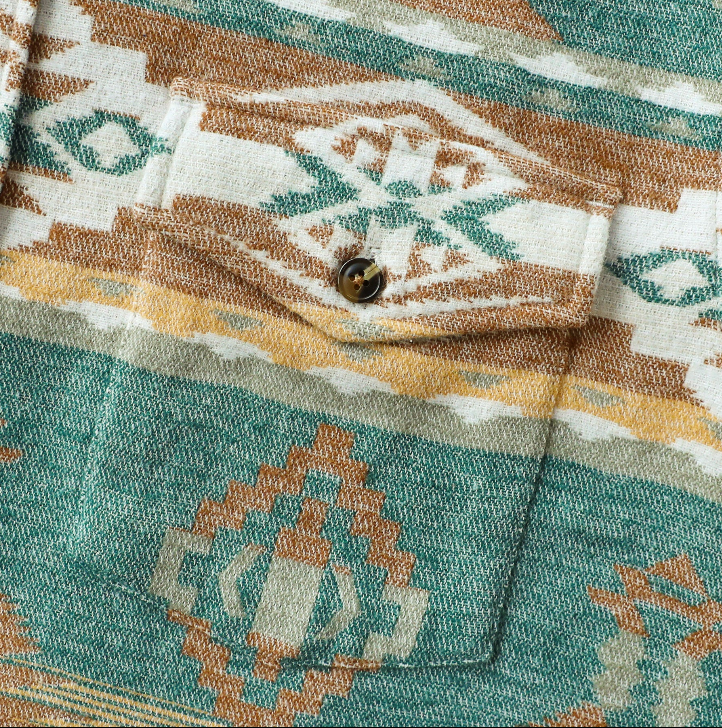 Montaro® Camisa de Hombre Ultra Pesada 10 oz, Estilo Azteca Naranja y Verde, Manga Larga, Botones, 100% Algodón, Franela Suave, Casual Cowboy y Utility.