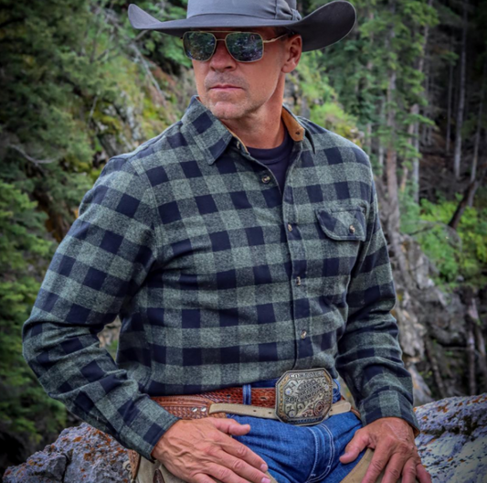 Montaro® Camisa de Franela Verde de Peso Medio para Hombre, Manga Larga, Casual, Botones, 100% Algodón