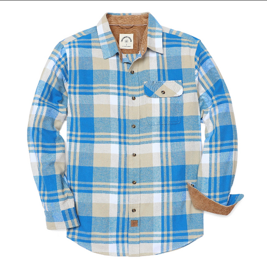 Montaro®  Camisa de Franela de Peso Medio para Hombre, Manga Larga, Casual, Botones, 100% Algodón