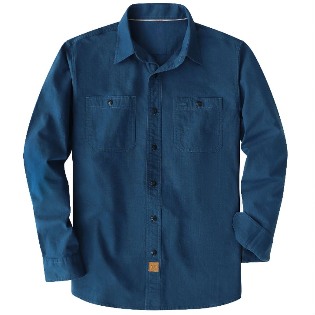 Montaro® Camisa de Trabajo de Chambray Azul Marino para Hombre, Manga Larga, Cierre Frontal con Botones y Bolsillo de Algodón