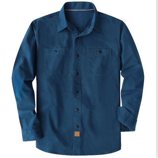 Montaro® Camisa de Trabajo de Chambray Azul Marino para Hombre, Manga Larga, Cierre Frontal con Botones y Bolsillo de Algodón