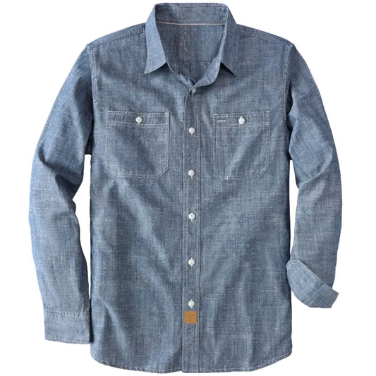 Montaro® Camisa de Trabajo de Chambray Azul Denim para Hombre, Manga Larga, Cierre Frontal con Botones y Bolsillo de Algodón