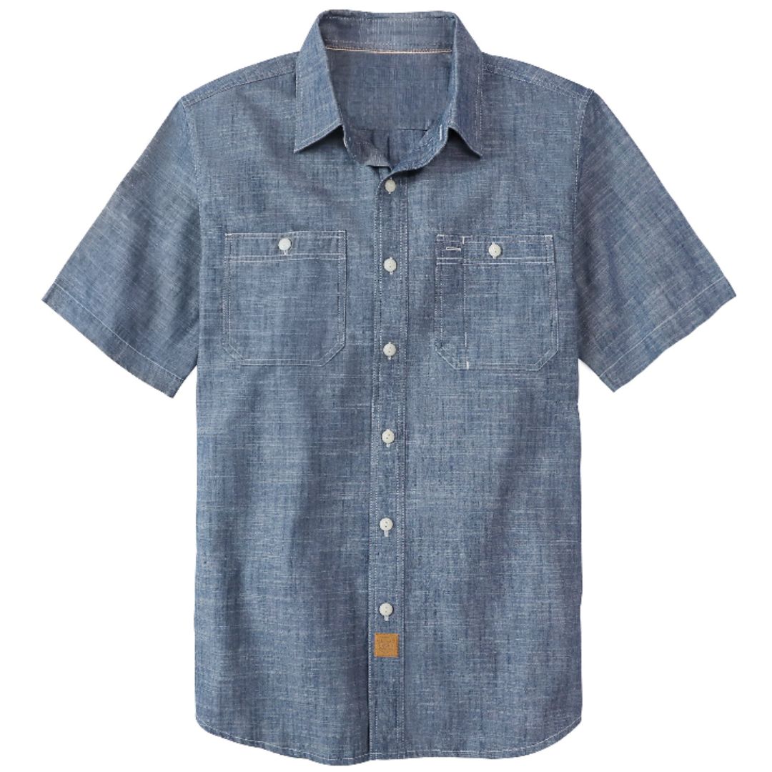 Montaro® Camisa de Hombre Chambray Azul Denim Sólido, Manga Corta, Cierre con Botones, Casual de Algodón, Corte Regular, Ligera con Bolsillo.