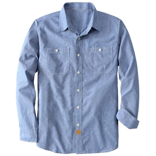 Montaro® Camisa de Hombre Chambray Azul Claro, Manga Larga, Cierre Frontal con Botones, Bolsillo, Algodón Workshirt.