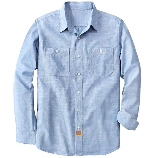 Montaro® Camisa de Hombre Chambray Azul Cielo, Manga Larga, Cierre Frontal con Botones, Bolsillo, Algodón Workshirt.