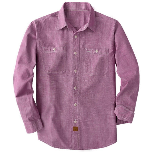 Montaro® Camisa de Trabajo de Chambray Rosa Oscuro para Hombre, Manga Larga, Cierre Frontal con Botones y Bolsillo de Algodón