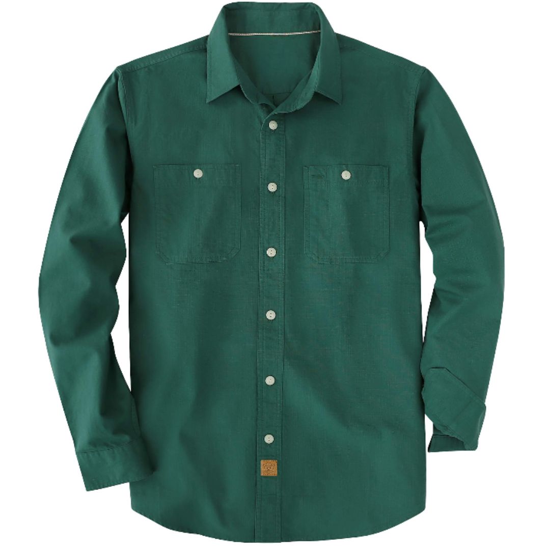 Montaro® Camisa de Trabajo de Chambray Verde Oliva para Hombre, Manga Larga, Cierre Frontal con Botones y Bolsillo de Algodón
