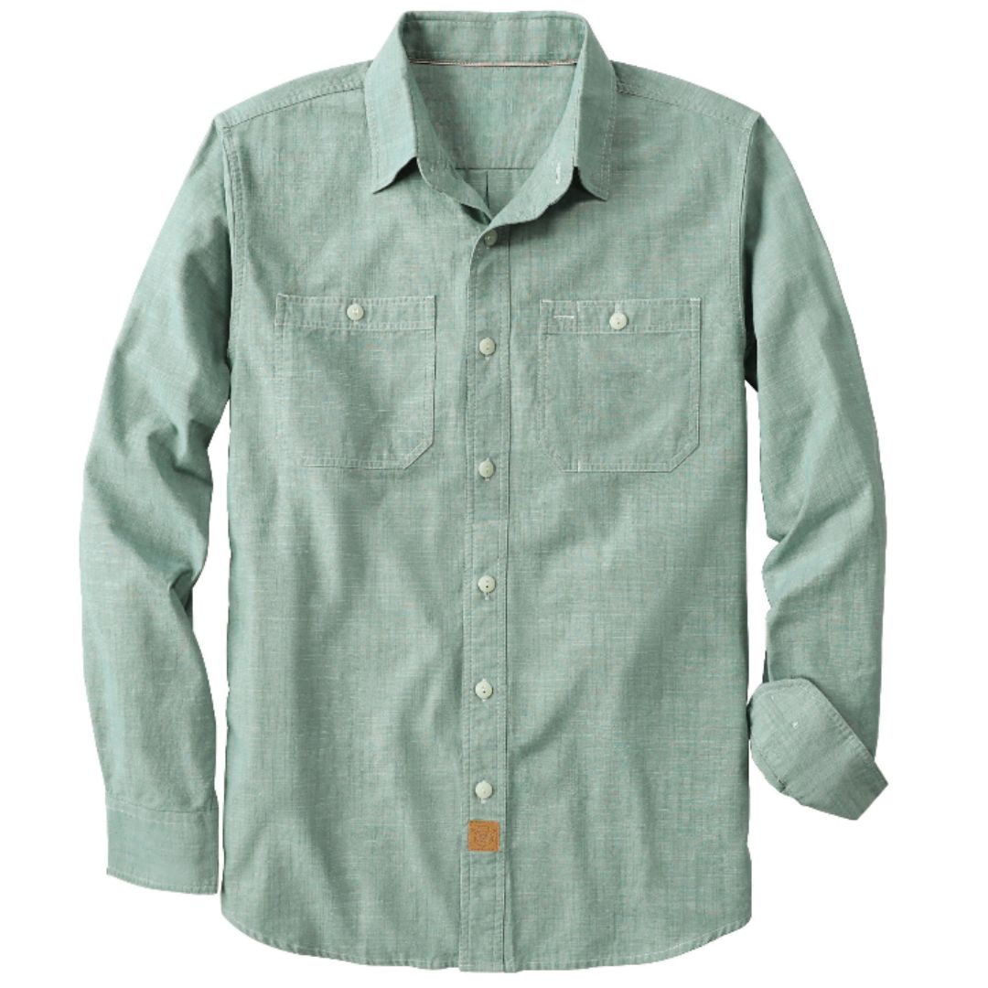 Montaro® Camisa de Trabajo de Chambray Verde Claro para Hombre, Manga Larga, Cierre Frontal con Botones y Bolsillo de Algodón.