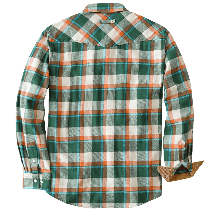 Montaro® Camisa de Franela Verde de Peso Medio para Hombre – Manga Larga, Botones de Presión, Estilo Vaquero con Cuadros Navideños, 100% Algodón - Montaro Store